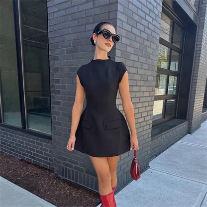 2025 Women‘S Sexy Slim Fit Hollow Mini Dress Spring New Y2K Sleeveless A- LINE Black Dress High Street Commute Elegant Dresses