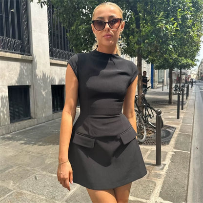 2025 Women‘S Sexy Slim Fit Hollow Mini Dress Spring New Y2K Sleeveless A- LINE Black Dress High Street Commute Elegant Dresses